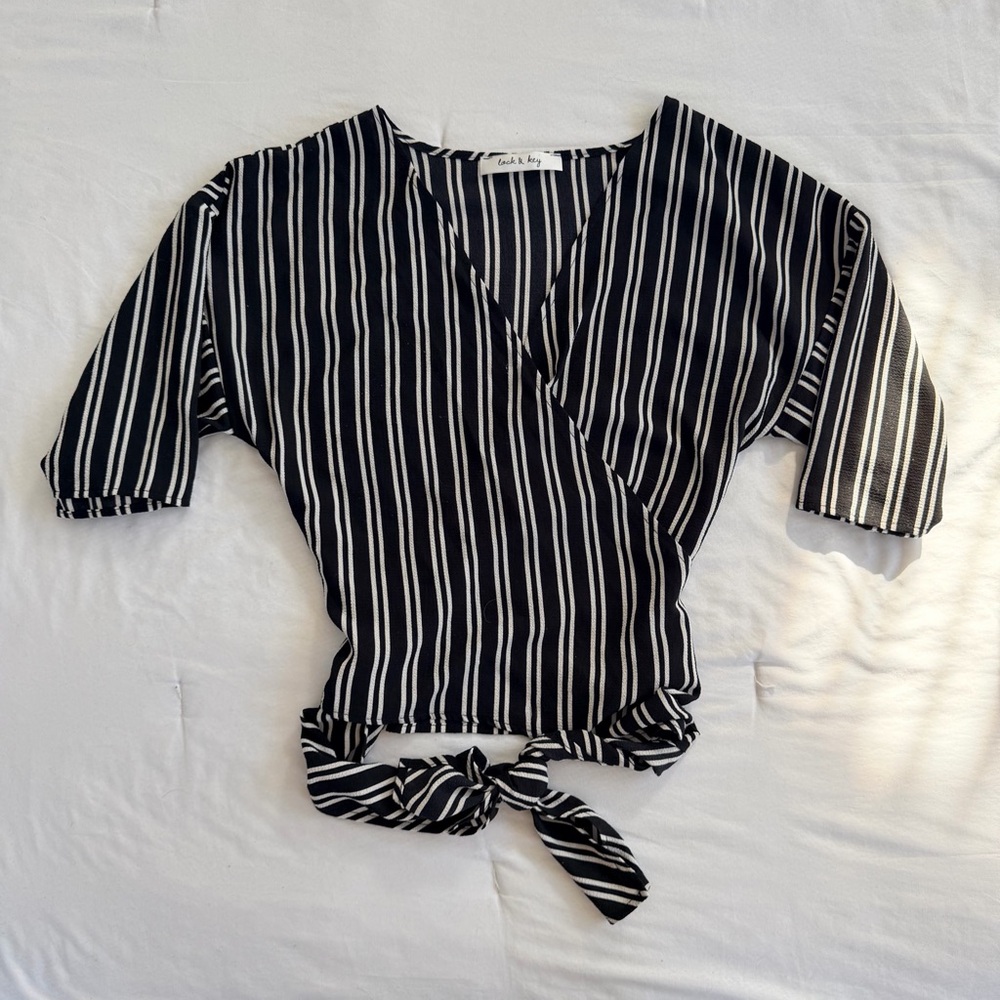 Striped Black & White Wrap Tie Blouse